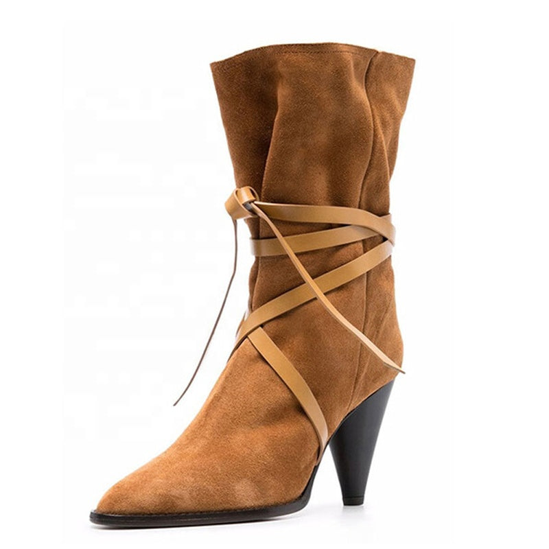 Top Quality Soft Suede Ankle Short Boots Ladies Daily Shoes Spike High Heels Women's Boots Cross Ropes Pointy Toe Booty