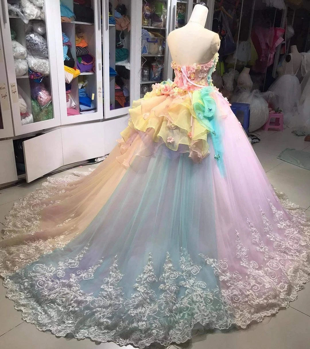 See-Through Rainbow Evening Dress Flowered Dress Lace Tulle Dress Floral Dress Colorful Wedding Dress Lace-Up Back Dresses - My Store