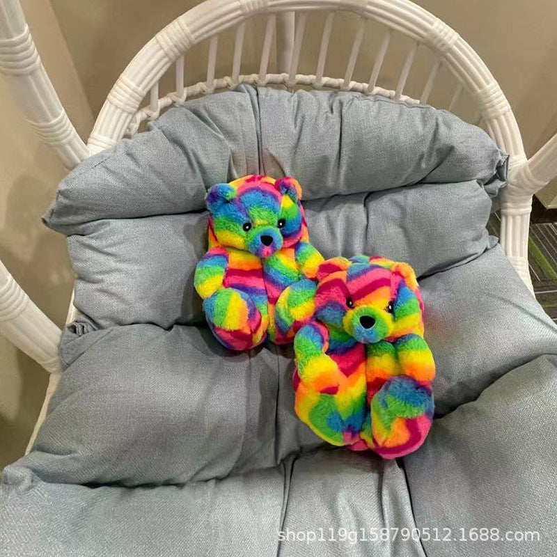 Drop Shipping Fashion Design Winter Women Girl Fur Shoes Cute Cartoon Animal Teddy Bear Warm Slippers Bedroom Soft Fur Slipper