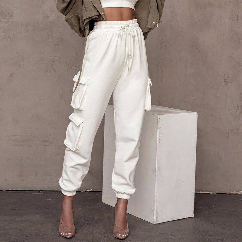 Women's Clothing Fashion Solid Color With Pockets Tie Trousers Sports Pants Casual Cargo Pants