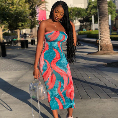 Women Summer Dresses  Casual Strapless Tube Dresses Colorful Strip Maxi Long Dress Women