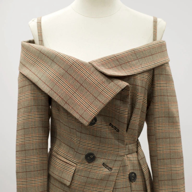 New Vintage Blazers Coat Women Plaid Asymmetrical Off Shoulder Fashion Coats