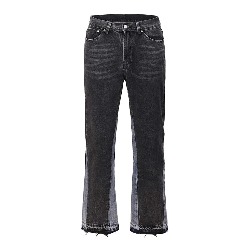 Vintage Flared Jeans for Men Y2k Streetwear Frayed Jean Pants Baggy Hip Hop Graffiti Colorblock Slim Fit Denim Jeans Man Black