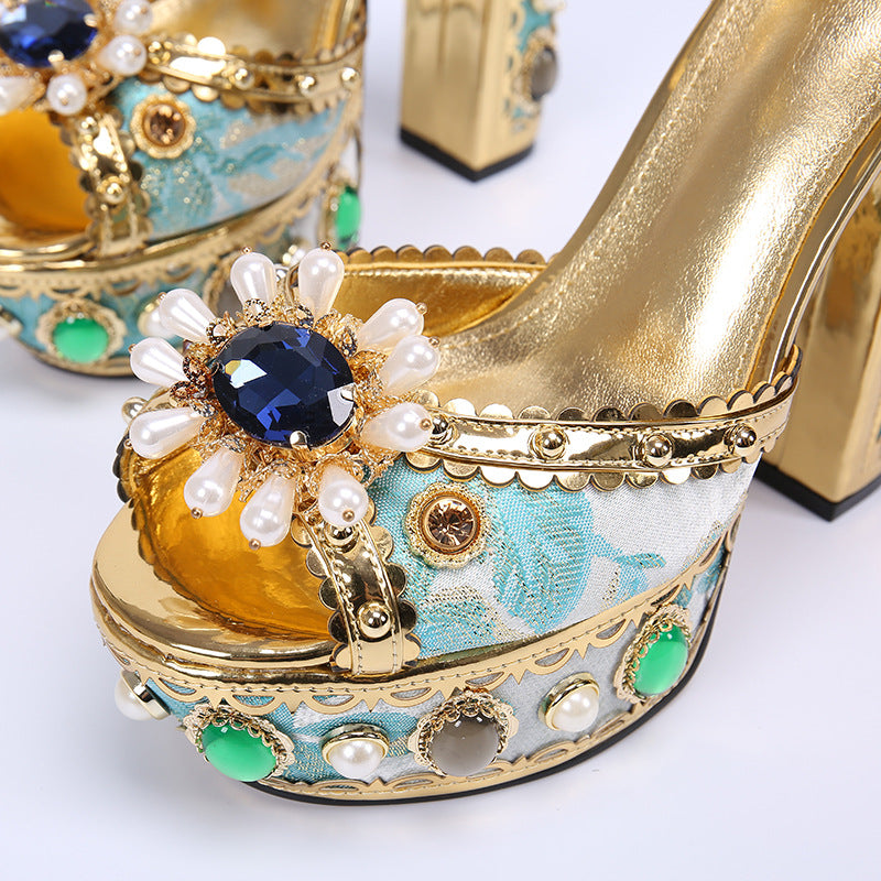 Diamond Women Heels Gold Genuine Leather Sandals Block Heel Shoes Luxury Brand