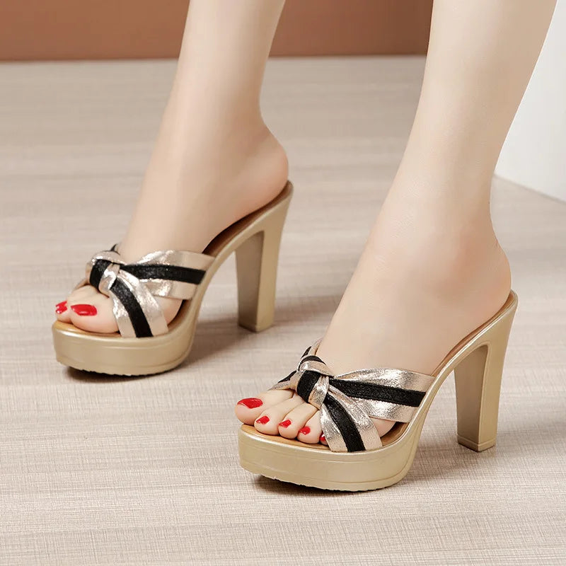 Sh12432a Black Gold Color Women High Heels Platform 10cm Heel Sandals Women