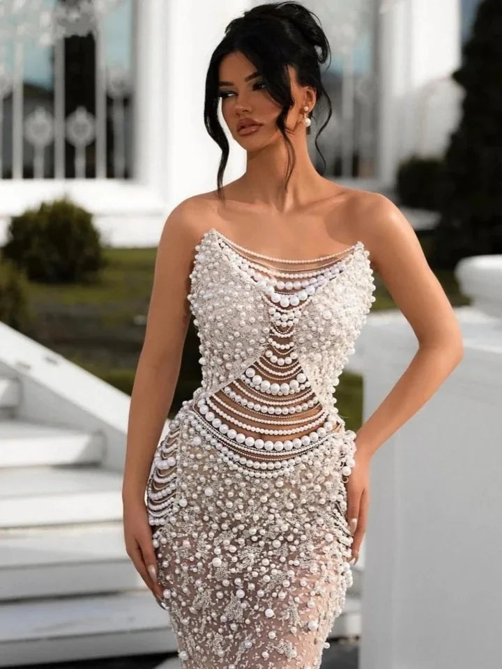 ED2612 Excellent Quality High Fashion Dress Pearl Dress Women Dresses Women for Join Wedding Strapless - My Store