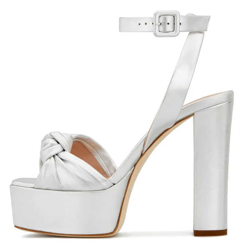 Ankle Strap Woman Knotted High Heels Chunky Heel Platform Sandals