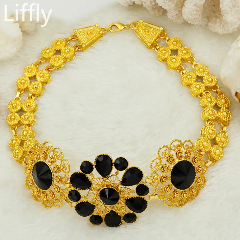 Liffly Bridal Jewelry Set Nigerian Wedding Dubai Gold Jewelry Sets for Women African Big Flowers Necklace Earrings Jewellery