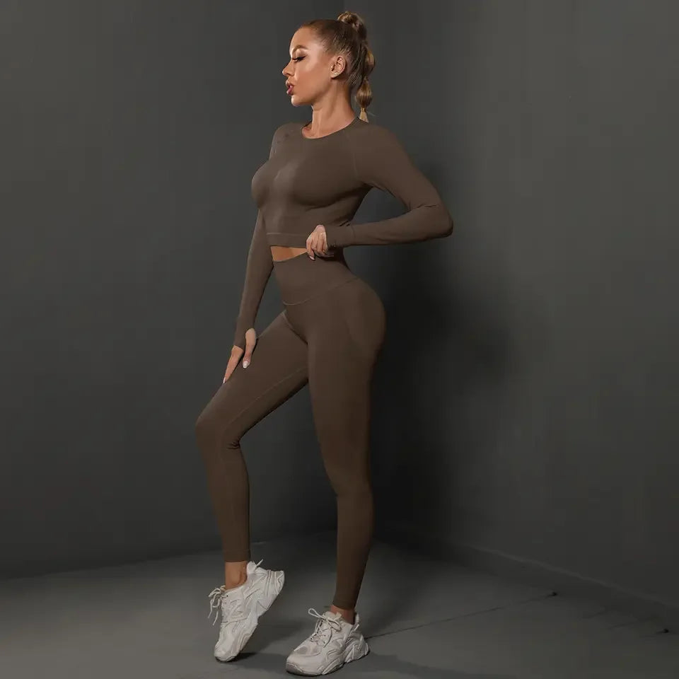 Hot Selling New Custom Logo Plus Size Seamless Activewear Set Long Sleeved Top Leggings 2 Piece Set Custom Yoga Set