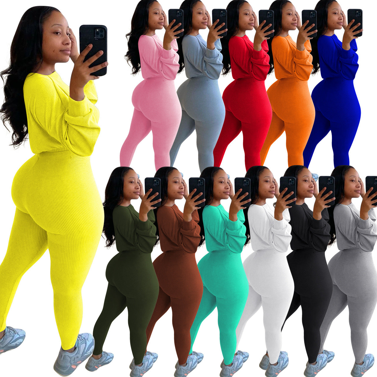 Spring Fall Ladies Clothing Multicolor 2 Piece Jogger Set Woman Boat Neck Elastic Band Casual Rib Activewear Pants Set