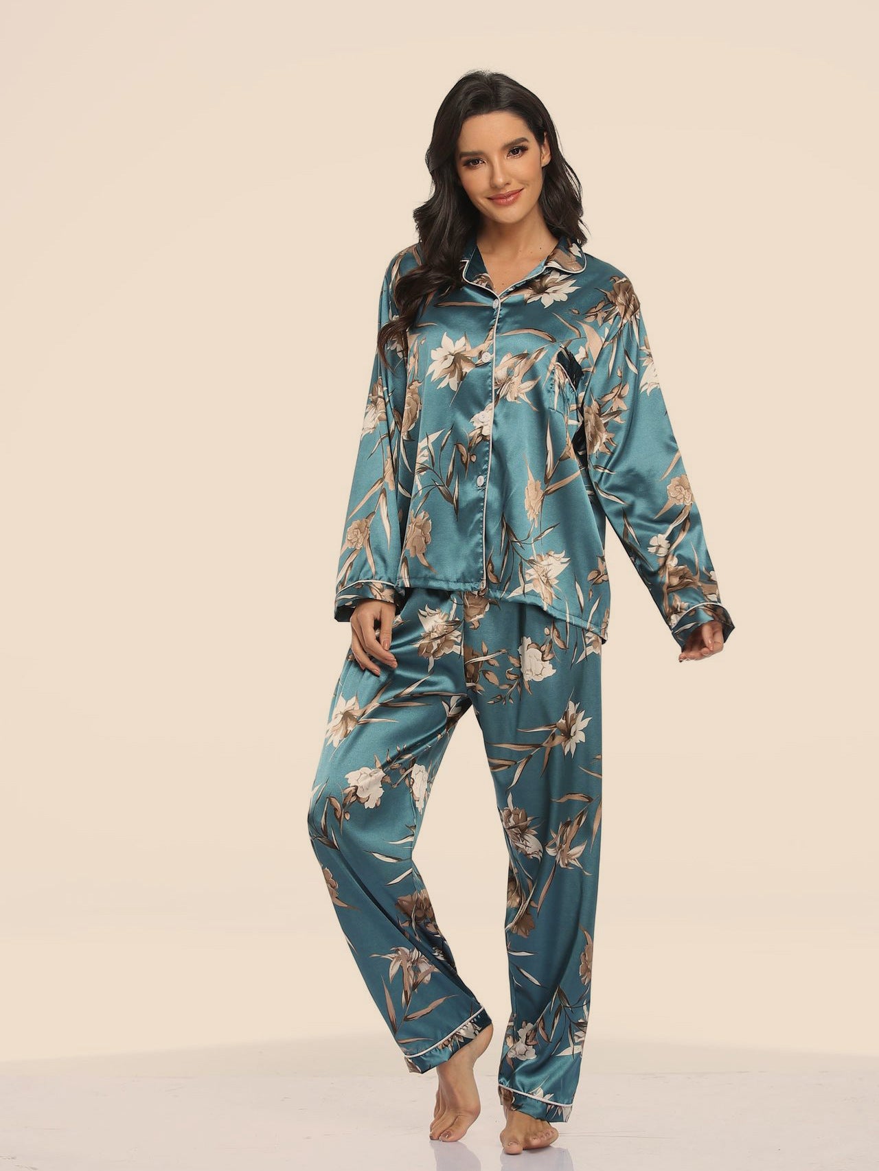 Womens New Arrival Homewear Pajamas Suit Pijamas Sexy Long Sleeve Silk Satin Pajama