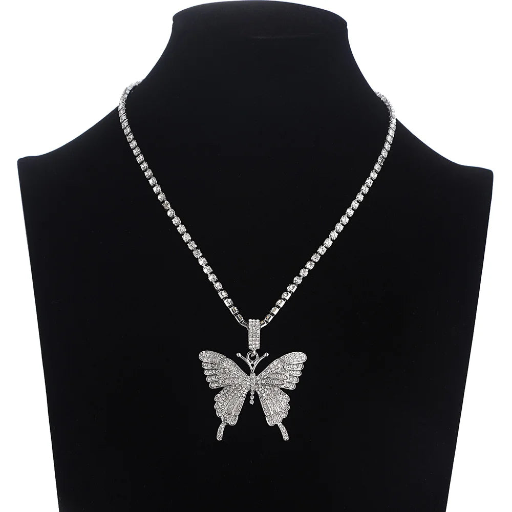 Pink Butterfly Necklace Chain  Jewelry Luxury Female Crystal Neck Pendants Women Rhinestones Jewellery Wholesale