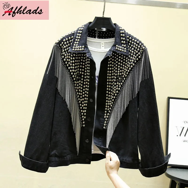 Autumn Denim Jacket Coat Women Rivet Tassel Chain Short Coats Woman Loose Streetwear Long Sleeve Black Coats Outerwear