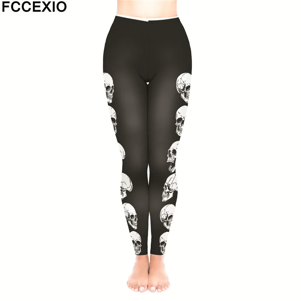 FCCEXIO New Brand 3D Printed Retro Bones Black Skeleton Sexy Women Casual Punk Rock Leggins High Waist Pants Fitness Leggings