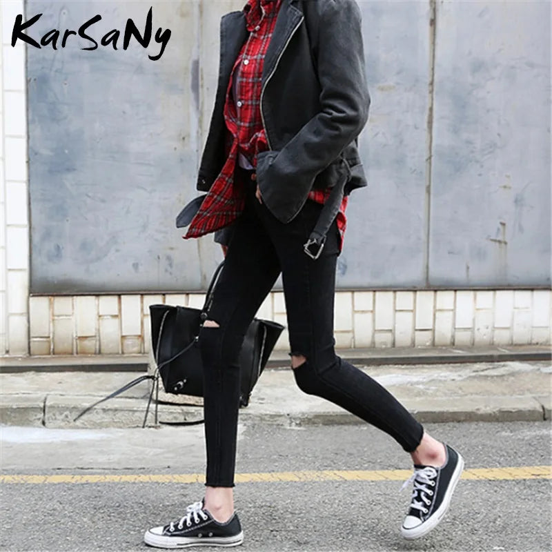 Skinny Ripped Jeans for Women Stretch High Waist Black Jeans With Holes Destroyed Women Denim Pants With Holes Summer Jean