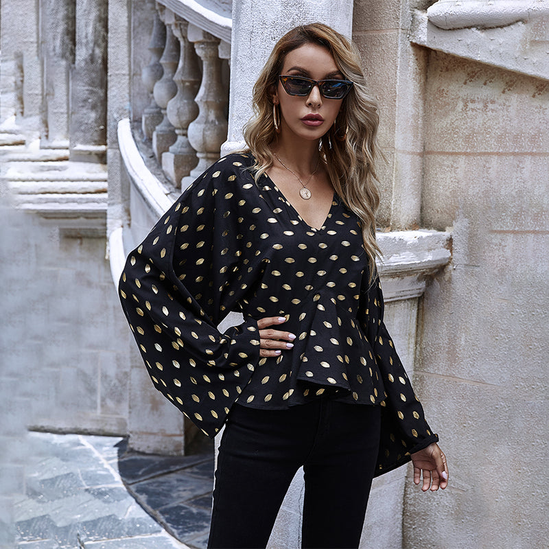 Ladies Blouse Gold Dot Printed Long Sleeve Women Tops Elegant Black Blouses Sexy Ruffle Shirt Top