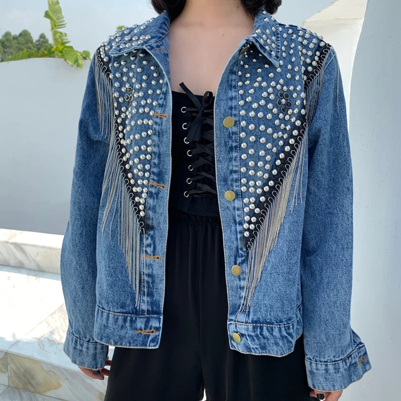 Autumn Denim Jacket Coat Women Rivet Tassel Chain Short Coats Woman Loose Streetwear Long Sleeve Black Coats Outerwear