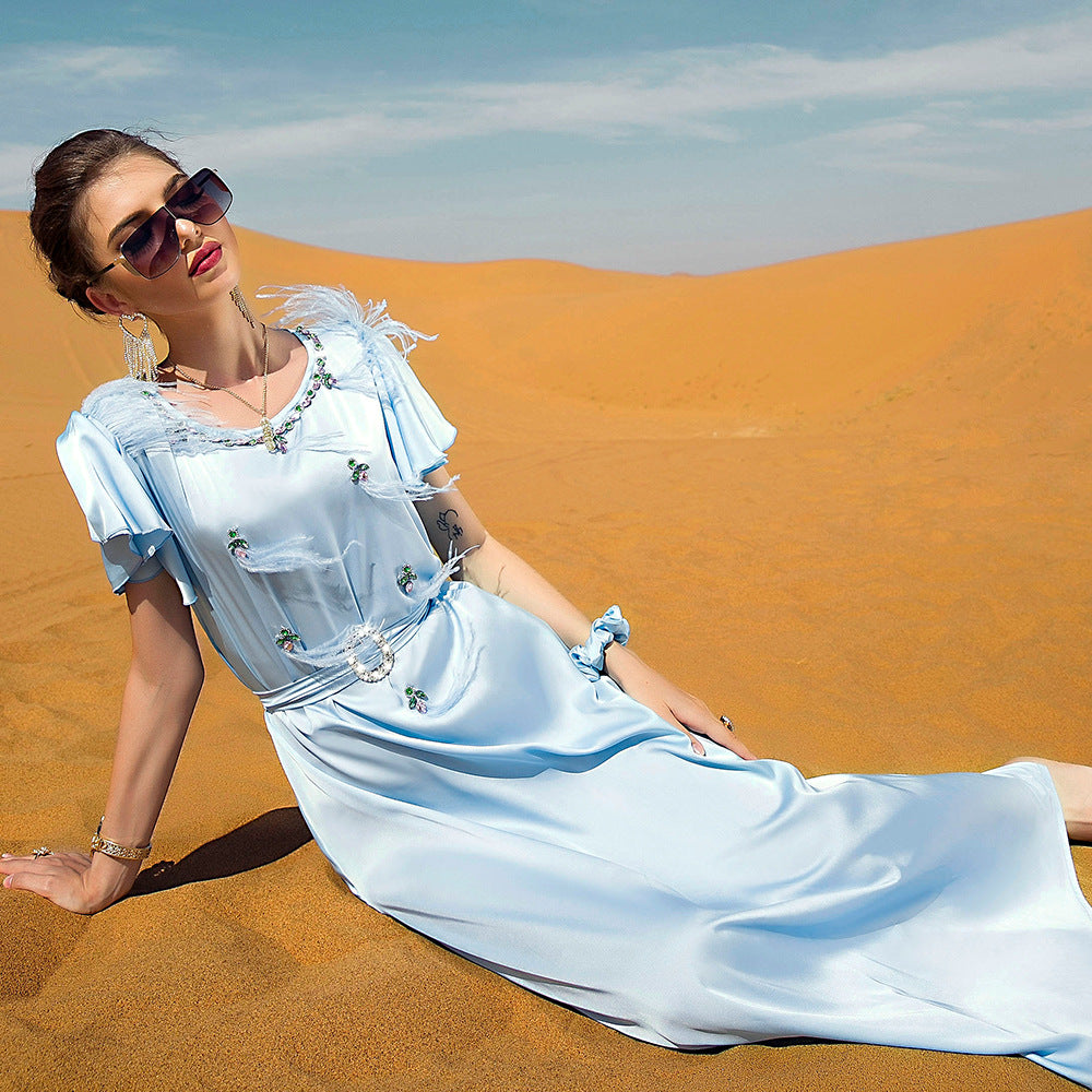 Sky Blue Slim Satin Short Sleeve Abaya Dresses of Evening Dress Pattern for Wedding - My Store
