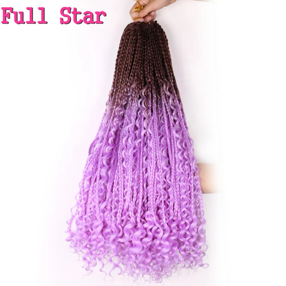 Full Star 22Inch 12 Strands Tight Box Braids Crochet Hair Wavy Ends Synthetic Hair Extensions Ombre  Black Brown Color