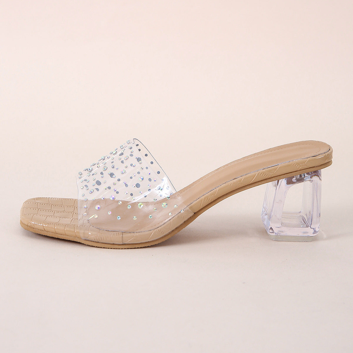 Stylish Slipper Ladies Outdoor High Heeled Women Crystal Fabric Flip Flops Shoes Women's New Square Toe Crystal Sandals Slippers