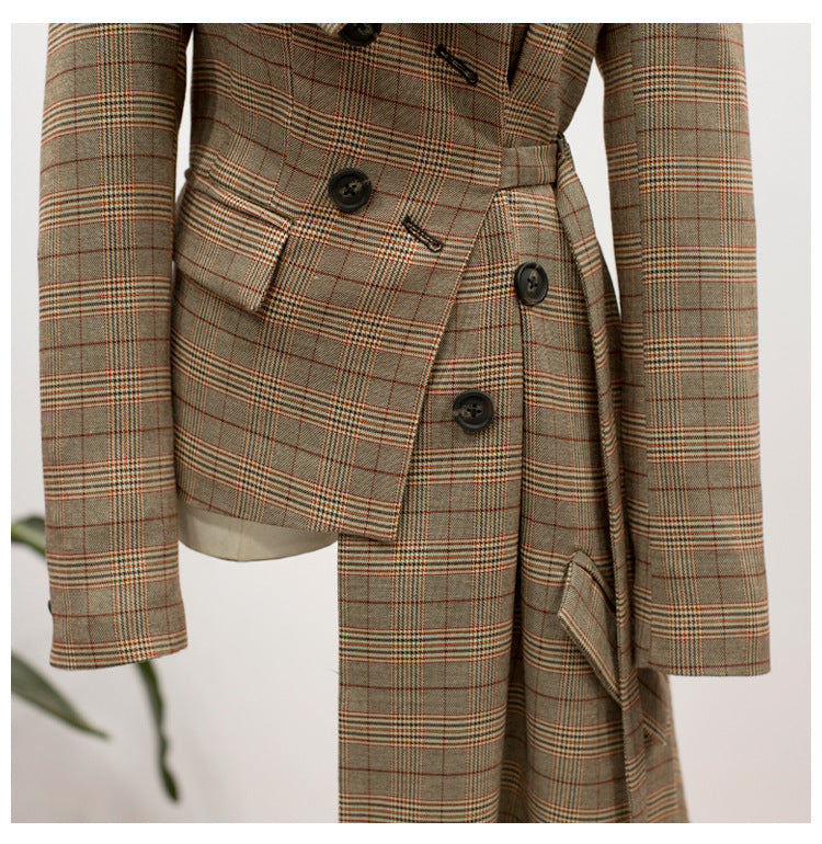 New Vintage Blazers Coat Women Plaid Asymmetrical Off Shoulder Fashion Coats