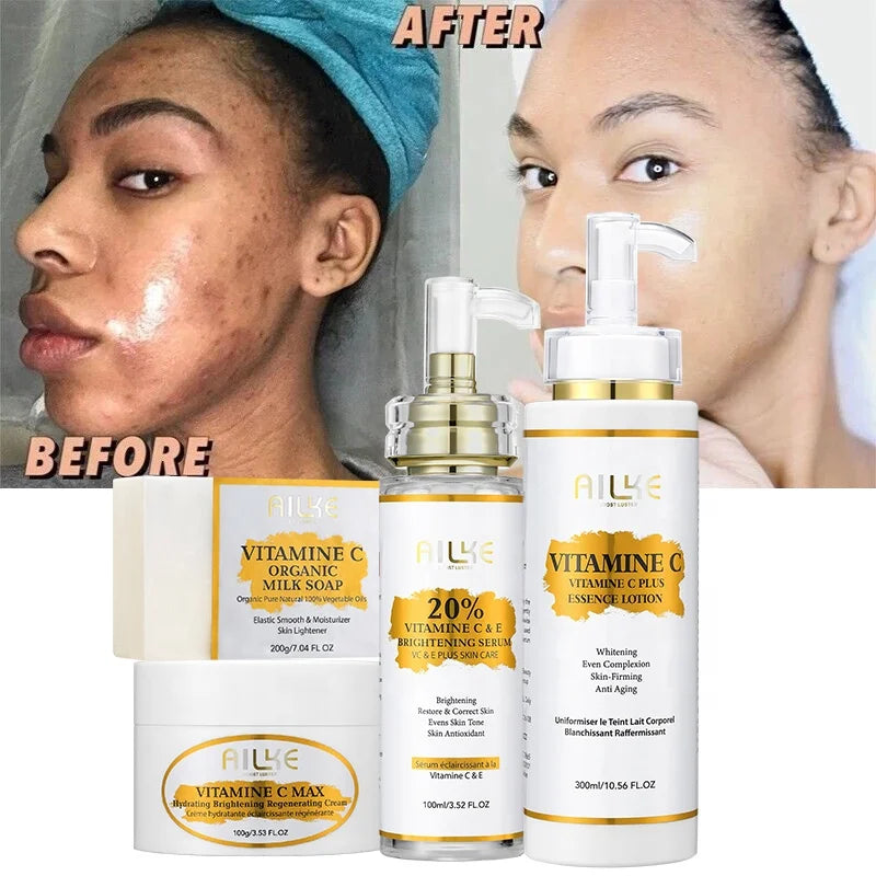 100% Natural Skin Care Set Anti-Aging Face Cream & Lotion Serum Soap 4pcs Private Label Vitamin C  Skin Care Set for Black Women