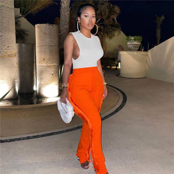 S0255-Spring Women Clothing Orange Fringe Pants Tassel Women Pant Stock