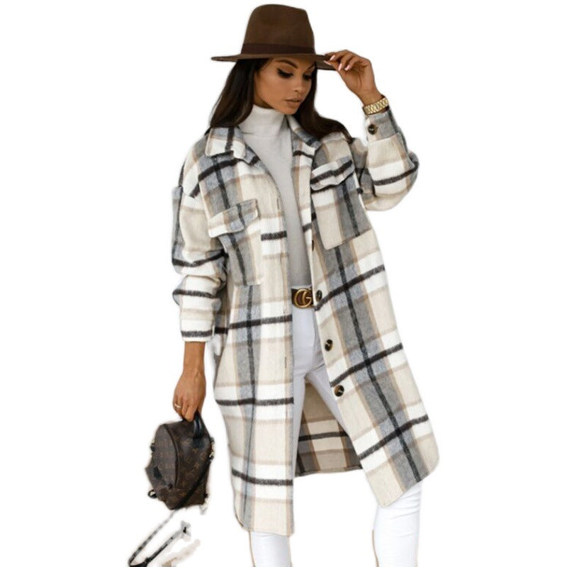 KaiChen  Printed Plaid Color Women's Cardigan Long Coat Turtleneck Warm Coat Long Coats Colorful