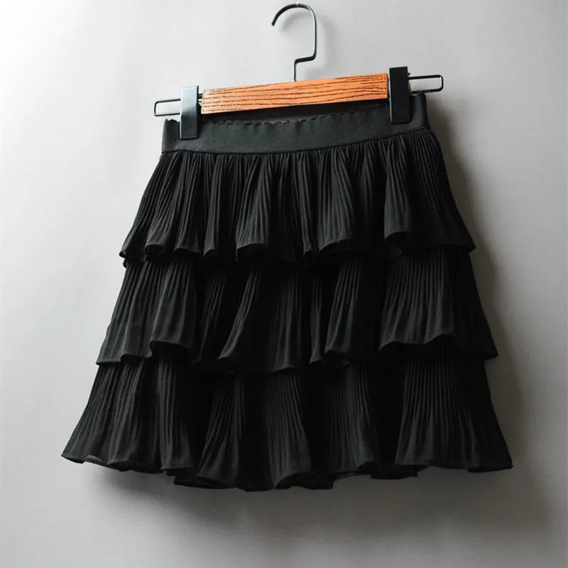 Summer Women Elasticity Waist Mini Skirt Ladies Chiffon Skirt Ladies Casual Cake Skirts Black White Femme Pleated Skirts