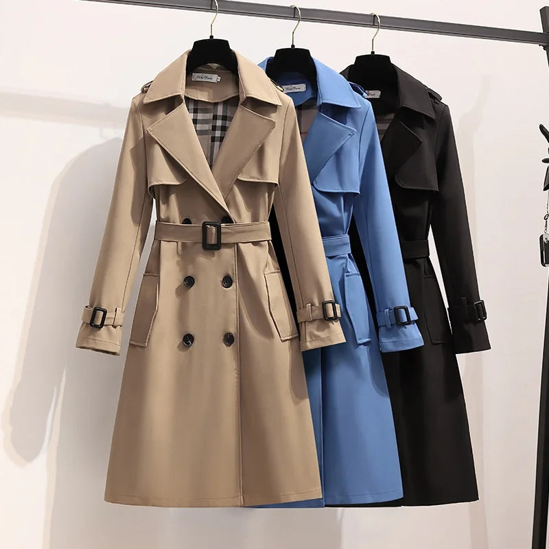 OUDINA Fashion New Sashes Double-Breasted Solid Retro Mid-Length Coat Simple Elegant Trench Coats Casual Women Coat