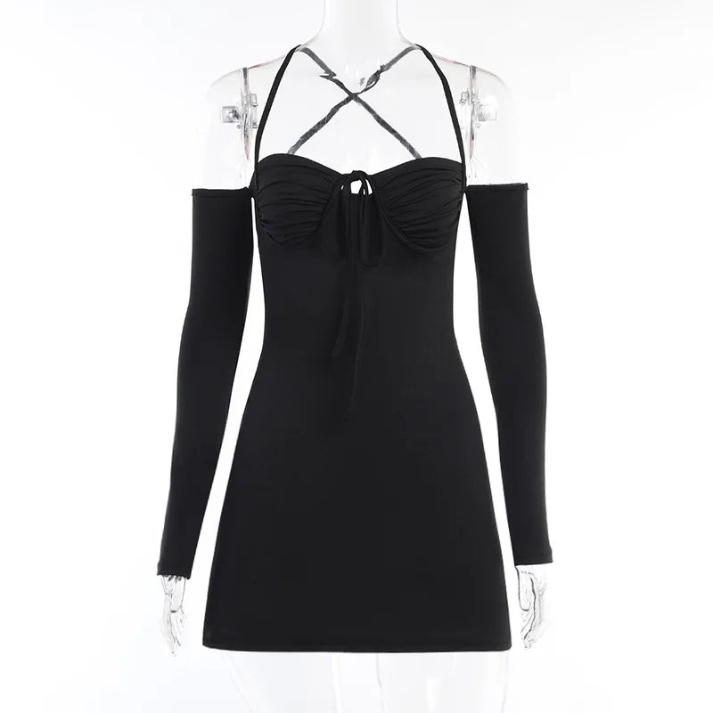 K23D32311 Solid Mini Dresses Ladies Slim Dress Halter Bandage Women Casual Dresses