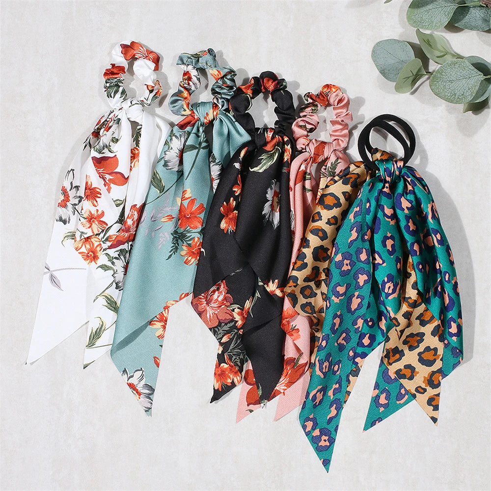 New Fashion Print Bow Scrunchies Hair Ribbon for Women Elastic Hair Band Girls Horsetail Hair Ties Hair Accessories