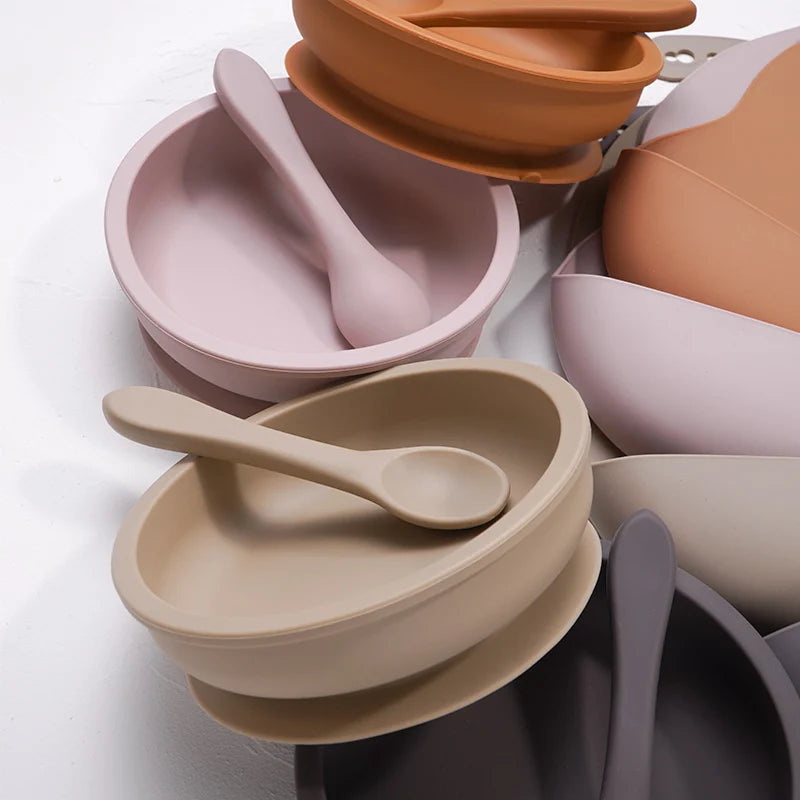 High Quality Silicone Baby Bibs Waterproof Silicone Round Bowl Easily Clean Healthy Soft Feeding Silicone Spoon for Babies