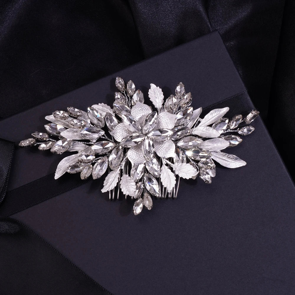 Luxury Gold Rhinestones Leaf Flower Hair Comb Bridal Pearl Hair Accessories for Women