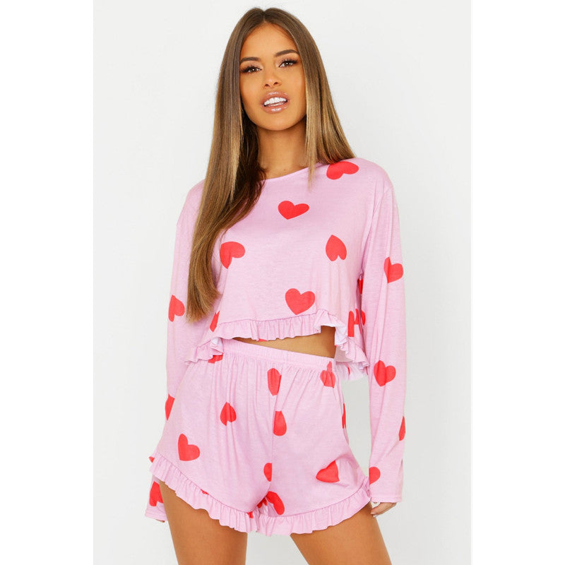 Valentine Pajama Pink Heart Pattern Adult Silk Sexy Pajamas Two Piece Set