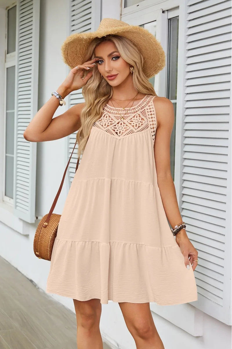 Custom Logo Women's Dresses Hollow Lace Stitching Halter Neck A-Word Dress Casual Dresses