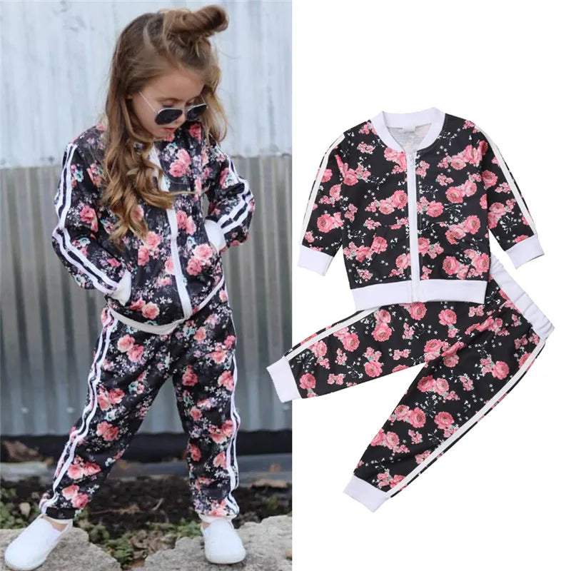 1-6years Girls Clothes Set Floral Print Long Sleeve Sweatshirt Long Pants Toddler Girls Spring Autumn Tracksuit Girl Outfits
