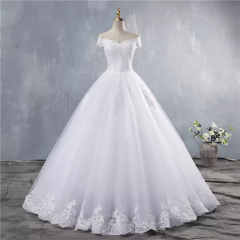 ZJ9143 2023 White Ivory Lace Appliques Ball Gown Cheap Off the Shoulder Short Sleeves Bridal Dress Wedding Dresses - My Store