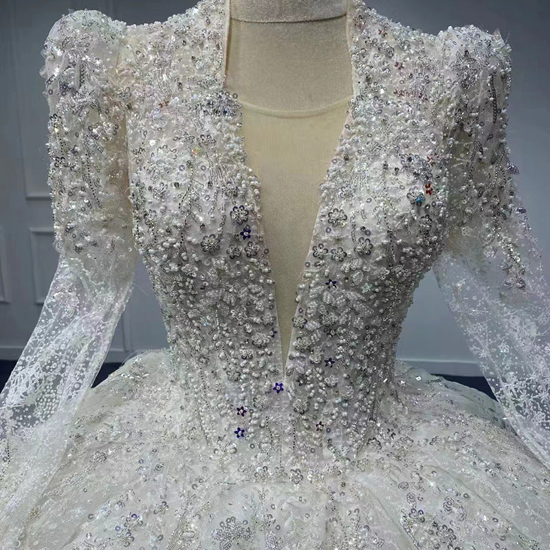 Novia Vestido De Luxury Sequin Beaded Sexy Designer Plus Size Long Sleeve Wedding Bridal Dress Wedding Dresses - My Store
