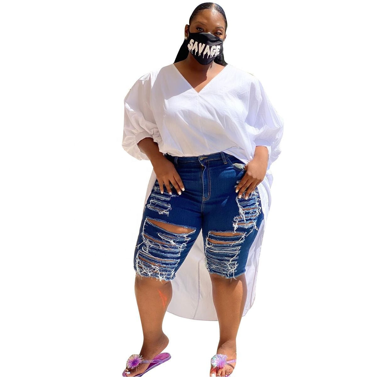 YD8820 Women High Waisted Skinny Ripped Denim Jean Shorts Plus Size Jeans With Stretch