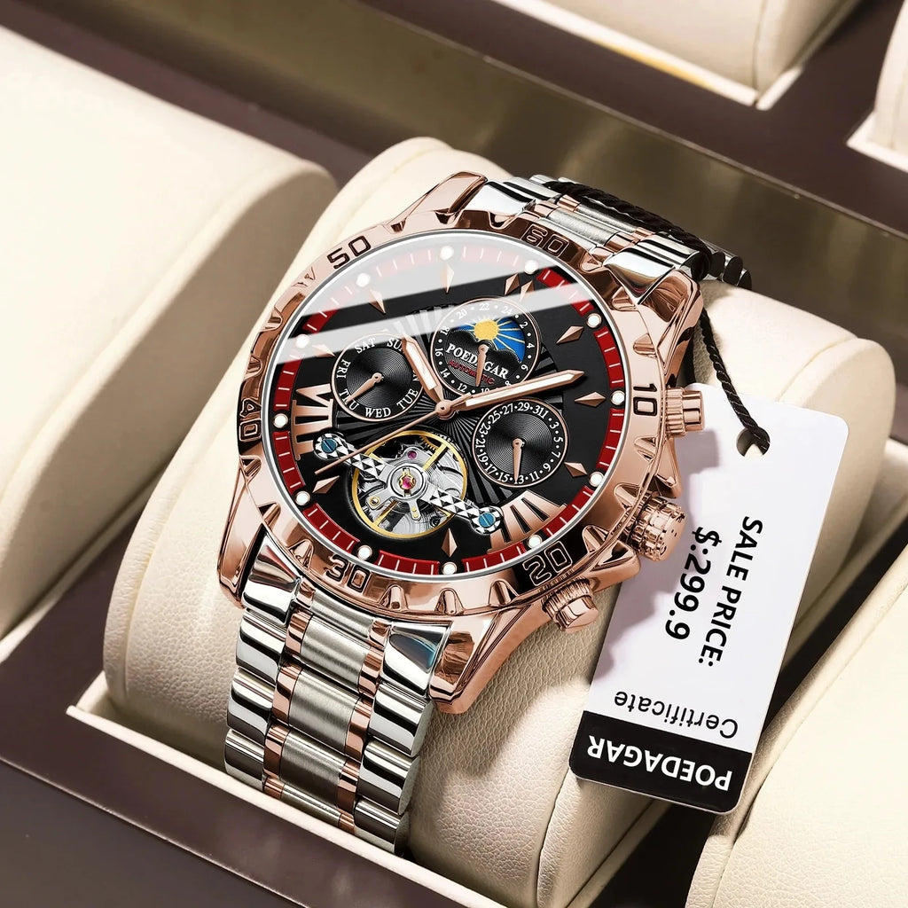 POEDAGAR 1410 Tourbillon Man Watch Waterproof Automatic Mechanical Watches for Men Luminous Multi-Function Men's Wrist Watches