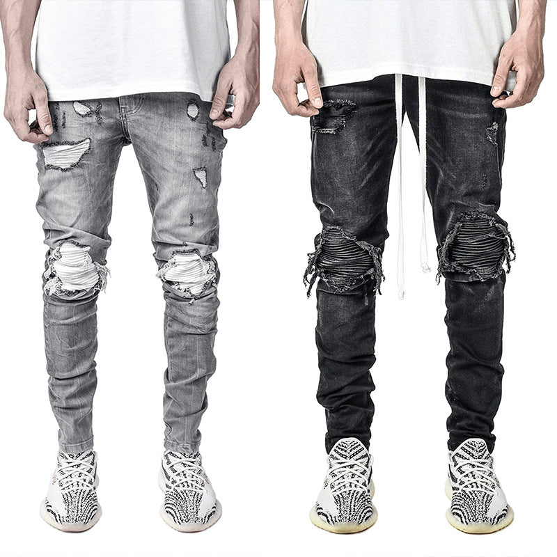 Casual Regular Fit Jean Pants Ripped Holes Zipper Design Men's Biker Jeans Rapp