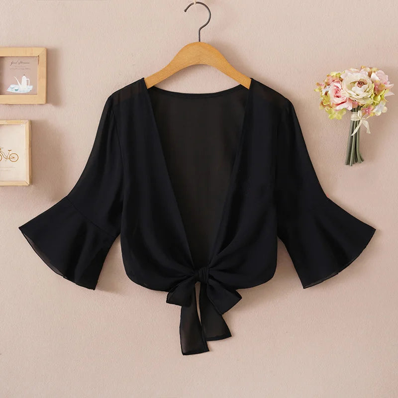 Summer Blouses for Women 2020 Woman v Neck Tie Waist Blouse Shirt Chiffon Black Ruffle Sleeve Top Lace Beach Blouse Cover Up