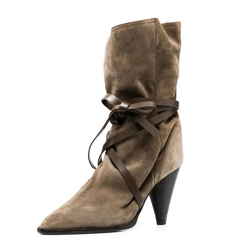Top Quality Soft Suede Ankle Short Boots Ladies Daily Shoes Spike High Heels Women's Boots Cross Ropes Pointy Toe Booty