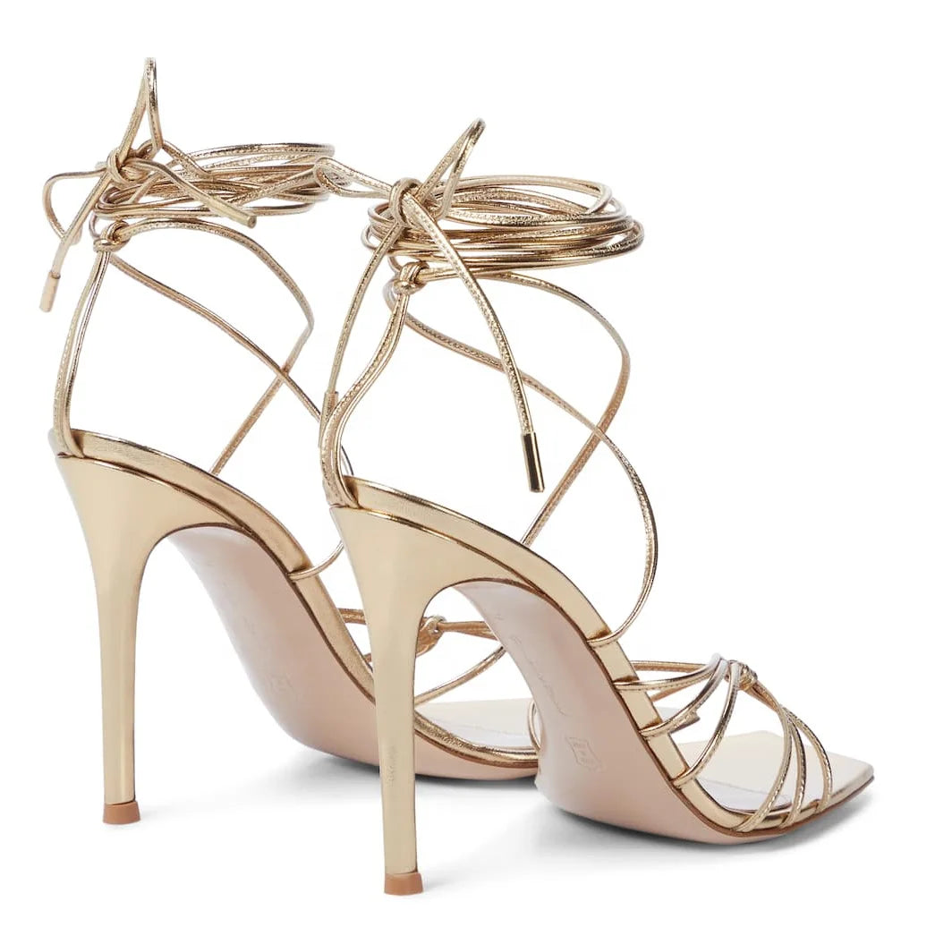 New Arrivals Women Heels 2021 Hot Selling Square Toe Spike Heels Lace Sandals in Gold Pu Leather Women Heel Summer Pumps