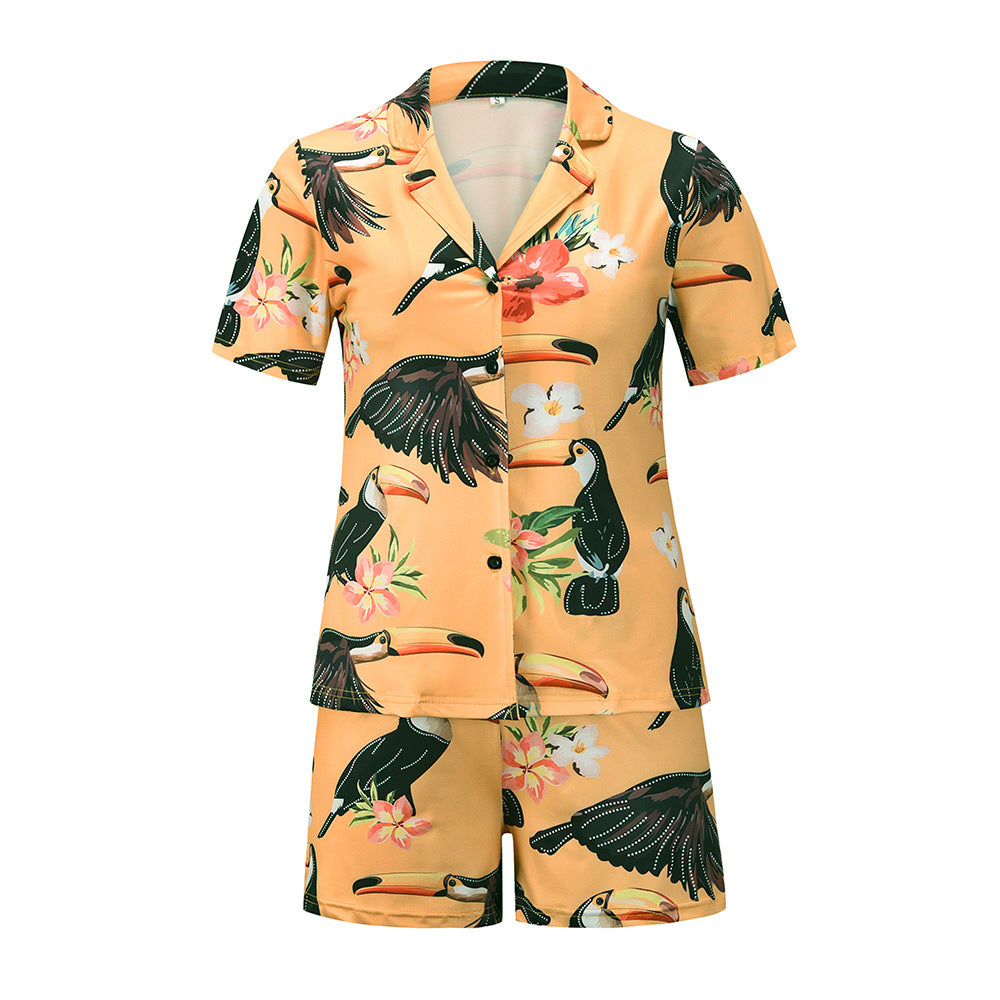 Wholesale Satin Pajamas Summer Print Casual Two Piece Night Pajama Suit Silk Sleep Wear Pajama for Women