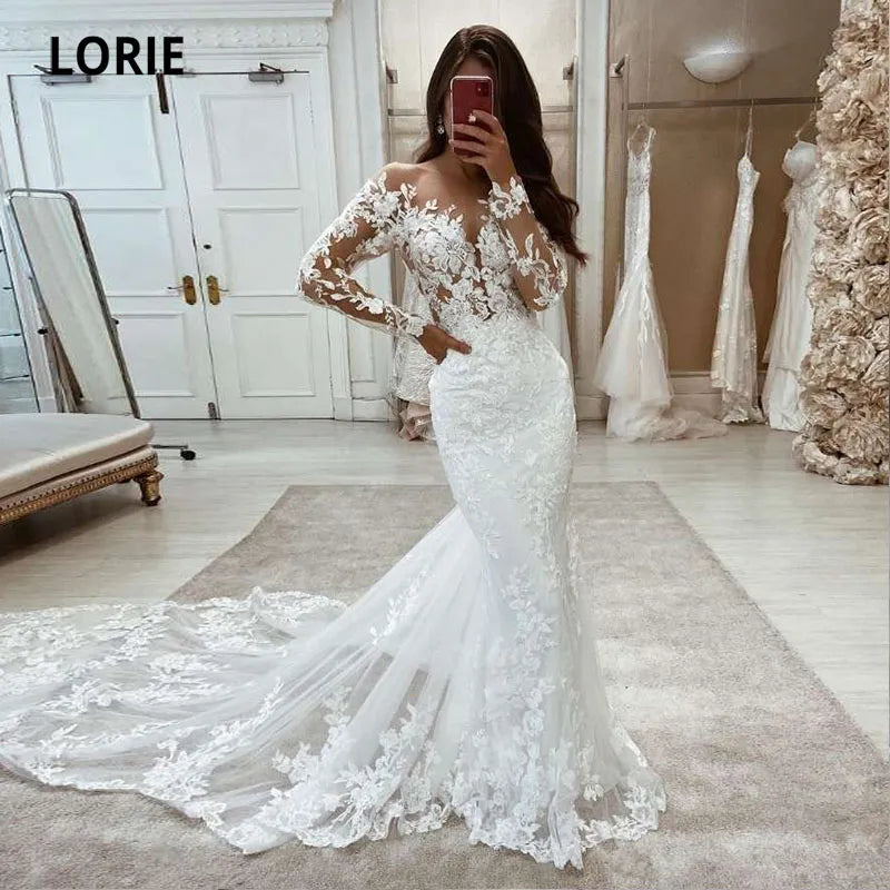 LORIE Boho Wedding Dresses Mermaid Lace Long Sleeves Wedding Gown Vintage White Ivory Custom Made Luxury Bridal Dress Customized - My Store