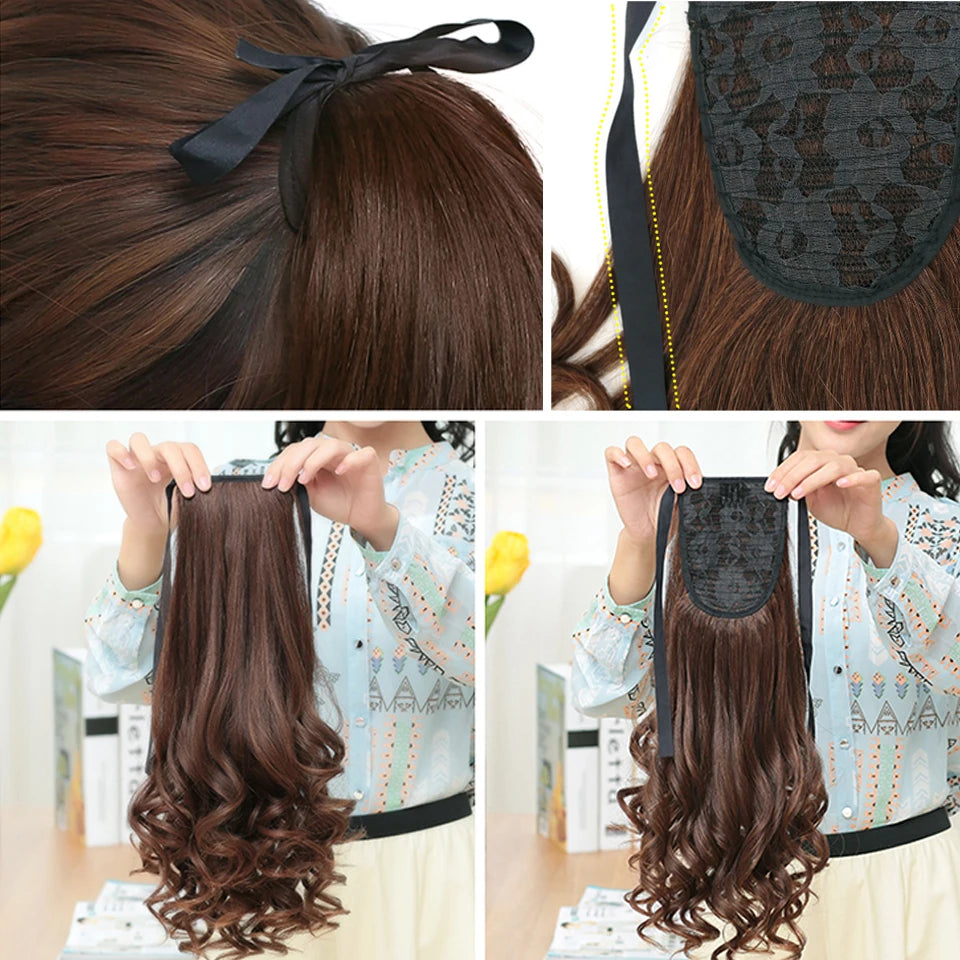 Allaosify Brown Black Heat Resistant Synthetic Hair Extensions Pony Tail Hair Extensions Drawstring Ponytail 12" Hair Extensions