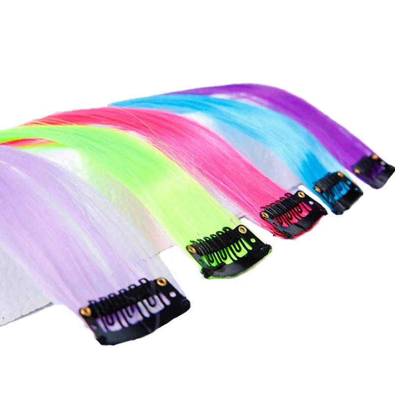 BUQI Straight Fake Colored Hair Extensions Clip Rainbow Hair Streak Synthetic Pink Orange White Purple Hair Strands on Clips