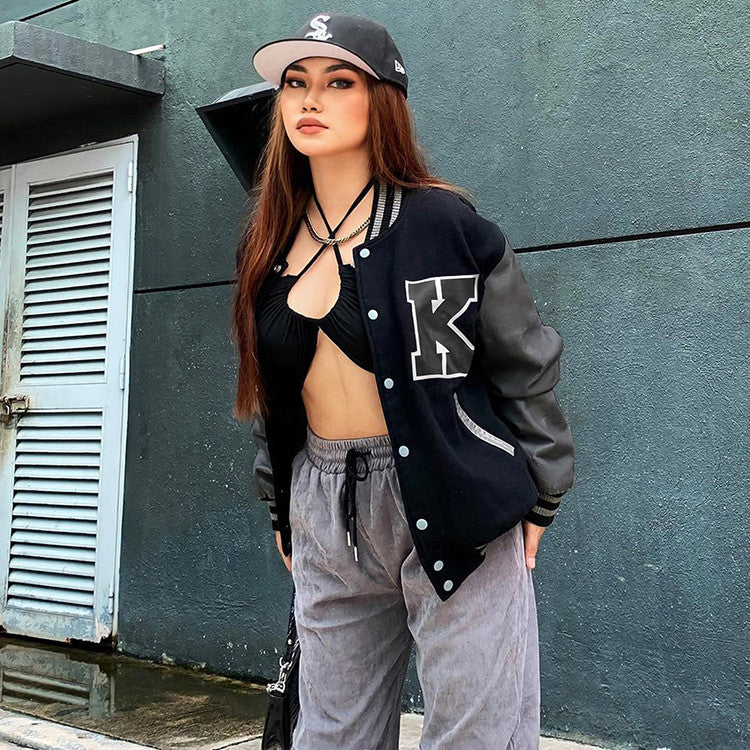 Autumn Winter Women's Coat Color Matching Printed Leather Sleeves Printed Baseball Uniform Coat Women's Jackets and Coats